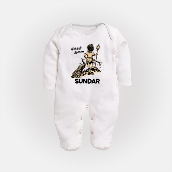 Little Murugan Devotee – Name Personalised Kids Fullbody Suit - WHITE - New Born (Chest 7.5")