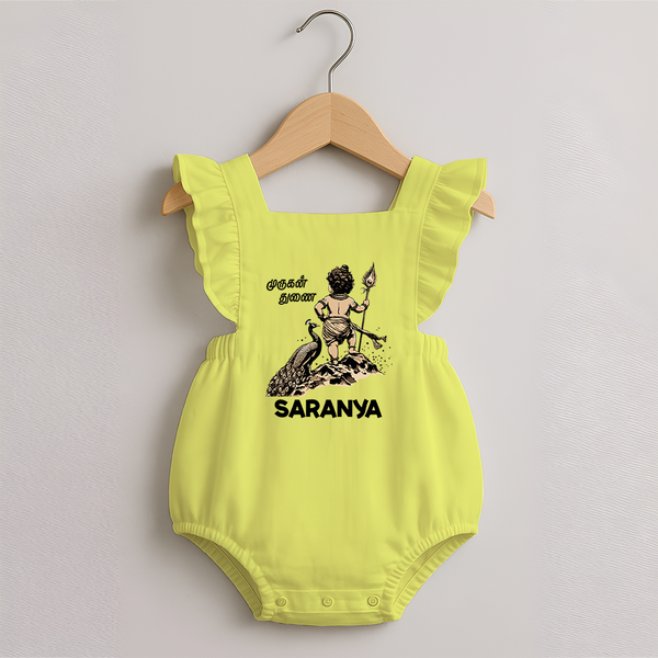 Little Murugan Devotee – Name Personalised Kids Romper Frock - PASTEL YELLOW - 0 - 3 Months Old (Chest 19")