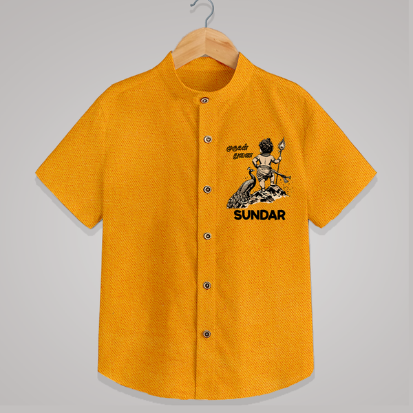 Little Murugan Devotee – Name Personalised Kids Shirt - CHROME YELLOW - 0 - 6 Months Old (Chest 23")