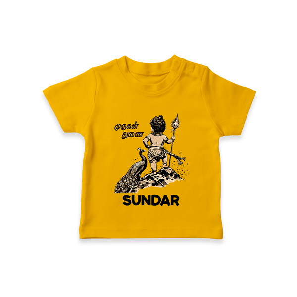 Little Murugan Devotee – Name Personalised Kids T-Shirt - CHROME YELLOW - 0-5 Months Old (Chest 17")