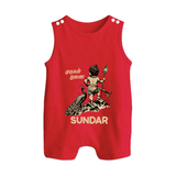 Little Murugan Devotee – Name Personalised Kids Romper Suit - RED - 0 - 5 Months Old (Chest 18")