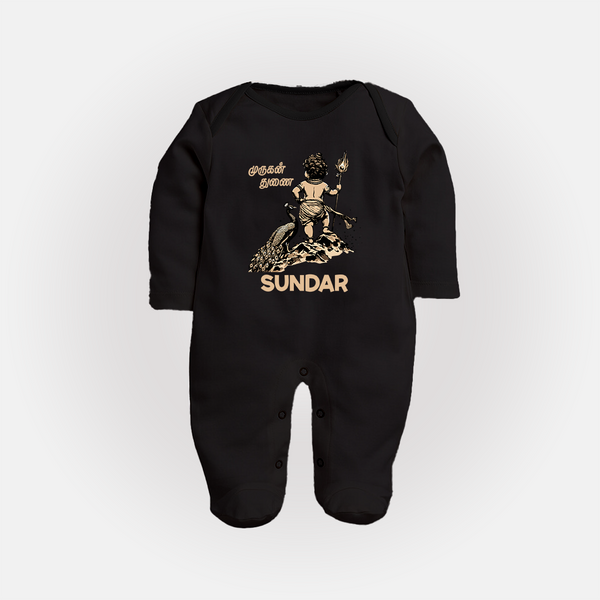 Little Murugan Devotee – Name Personalised Kids Fullbody Suit - BLACK - New Born (Chest 7.5")