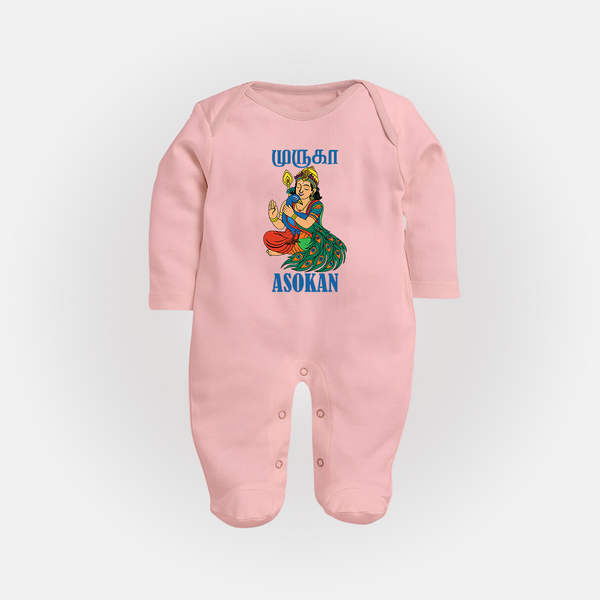 Divine Muruga Illustration Personalised Kids Fullbody Suit - BABY PINK - New Born (Chest 7.5")