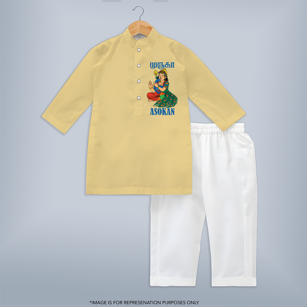 Divine Muruga Illustration Personalised Kids Kurta - PASTEL YELLOW - 3 - 6 Months Old (Chest 24", Kurta Length 14'', Waist 19", Pant Length 14")