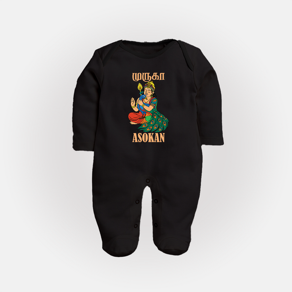 Divine Muruga Illustration Personalised Kids Fullbody Suit - BLACK - New Born (Chest 7.5")