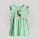Little Murugan on Peacock – Name Personalised Kids Baby Frock - MINT GREEN - 0 - 3 Months Old (Chest 17")
