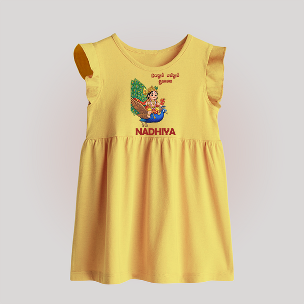 Little Murugan on Peacock – Name Personalised Kids Baby Frock - PASTEL YELLOW - 0 - 3 Months Old (Chest 17")