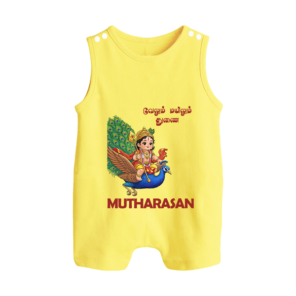Little Murugan on Peacock – Name Personalised Kids Romper Suit - PASTEL YELLOW - 0 - 5 Months Old (Chest 18")