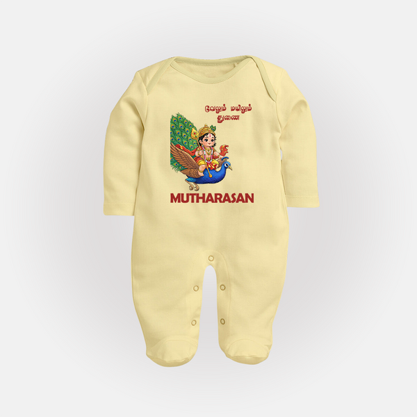 Little Murugan on Peacock – Name Personalised Kids Fullbody Suit - PASTEL YELLOW - New Born (Chest 7.5")