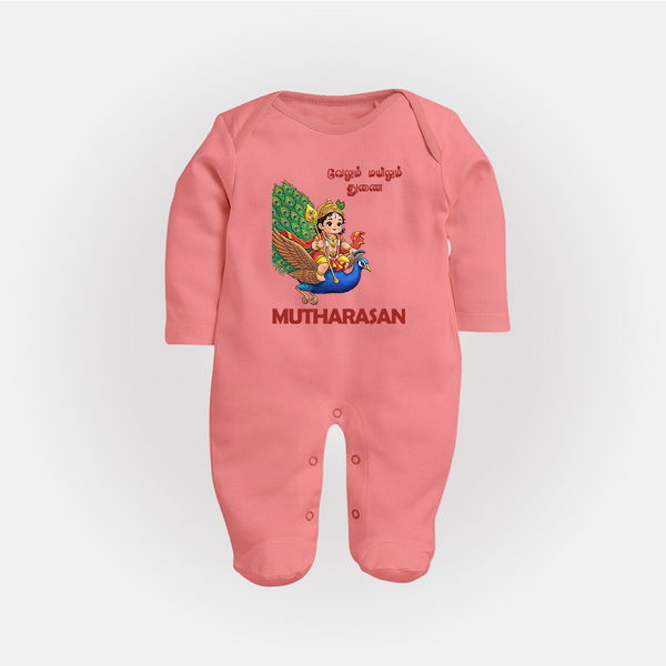 Little Murugan on Peacock – Name Personalised Kids Fullbody Suit - PEACH - New Born (Chest 7.5")