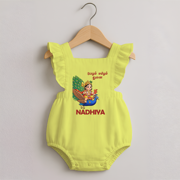 Little Murugan on Peacock – Name Personalised Kids Romper Frock - PASTEL YELLOW - 0 - 3 Months Old (Chest 19")