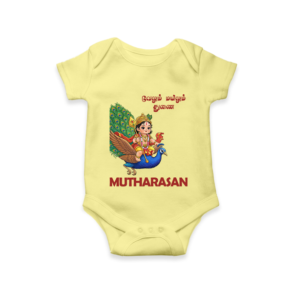 Little Murugan on Peacock – Name Personalised Kids Romper - PASTEL YELLOW - New Born (Chest 14")