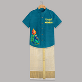 Velum Mailum Thunai Name Personalised Kids Shirt and Dhoti - PEACOCK BLUE - 0 - 6 Months Old (Chest-23") (Dhoti length-14")