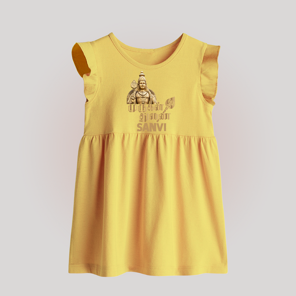 Golden Murugan Idol – Name Personalised Kids Baby Frock - PASTEL YELLOW - 0 - 3 Months Old (Chest 17")