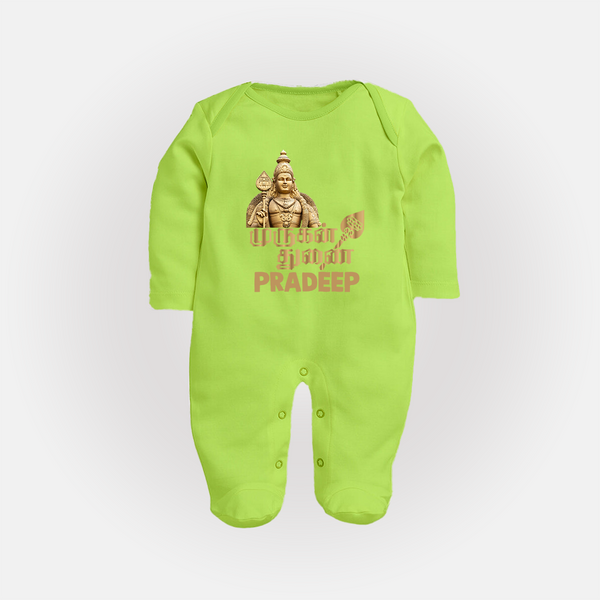 Golden Murugan Idol – Name Personalised Kids Fullbody Suit - LIME GREEN - New Born (Chest 7.5")