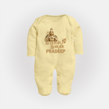 Golden Murugan Idol – Name Personalised Kids Fullbody Suit - PASTEL YELLOW - New Born (Chest 7.5")