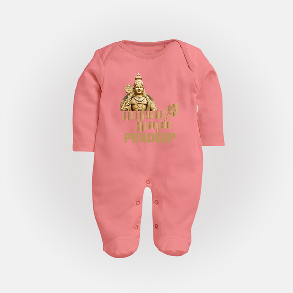 Golden Murugan Idol – Name Personalised Kids Fullbody Suit - PEACH - New Born (Chest 7.5")