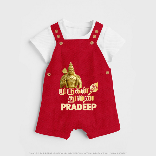 Golden Murugan Idol – Name Personalised Kids Dungaree - RED - 0 - 5 Months Old (Chest 18")