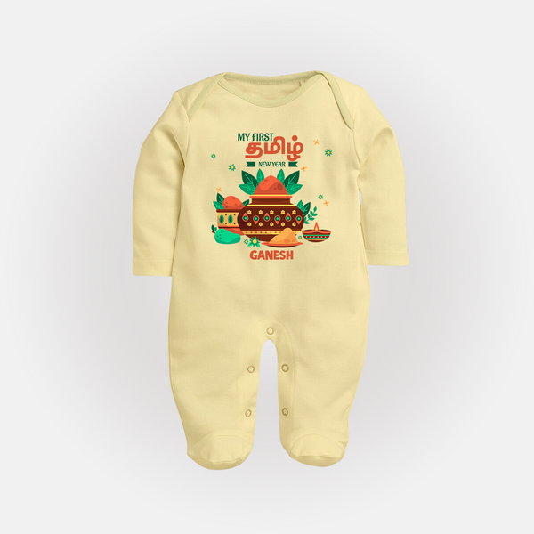 My First Tamil New Year Personalized Baby Full Body Suit – Traditional Baby Outfit - PASTEL YELLOW - New Born (Chest 7.5")