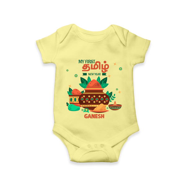 My First Tamil New Year Personalized Baby Romper – Traditional Baby Outfit - PASTEL YELLOW - New Born (Chest 14")