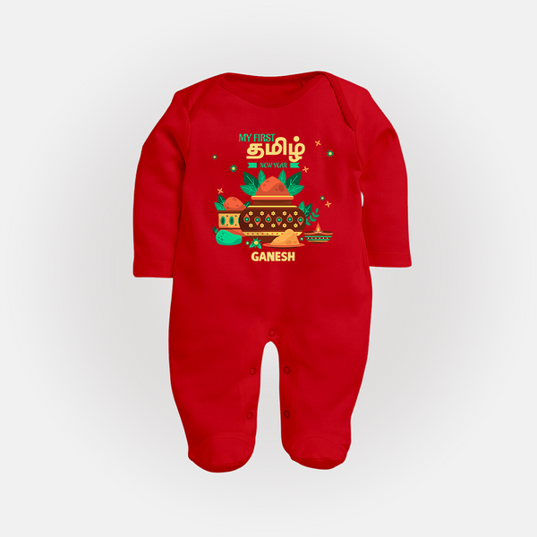 My First Tamil New Year Personalized Baby Full Body Suit – Traditional Baby Outfit - RED - New Born (Chest 7.5")