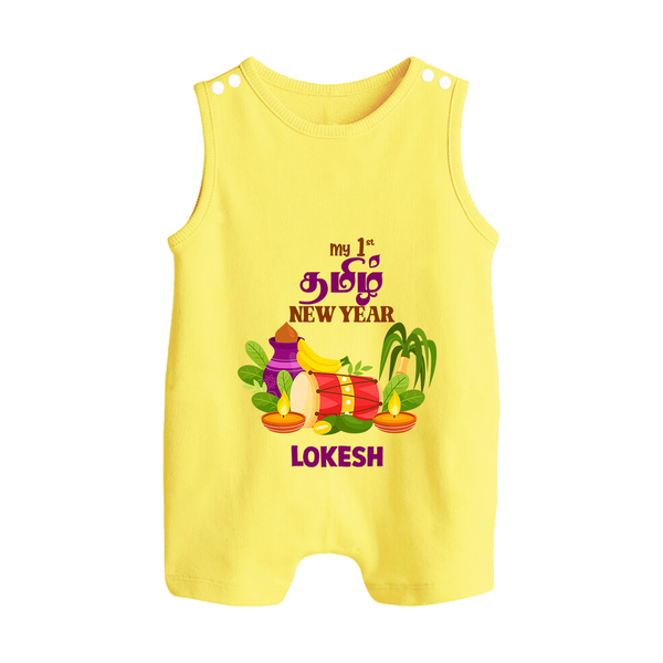  My First Tamil New Year Personalized Button Romper – Colorful Festive Baby Outfit - PASTEL YELLOW - New Born (Chest 18")