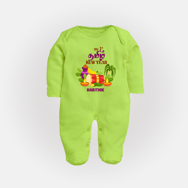  My First Tamil New Year Personalized Baby Full Body Suit – Colorful Festive Baby Outfit - LIME GREEN - New Born (Chest 7.5")