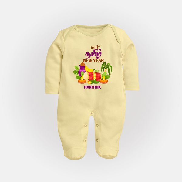  My First Tamil New Year Personalized Baby Full Body Suit – Colorful Festive Baby Outfit - PASTEL YELLOW - New Born (Chest 7.5")