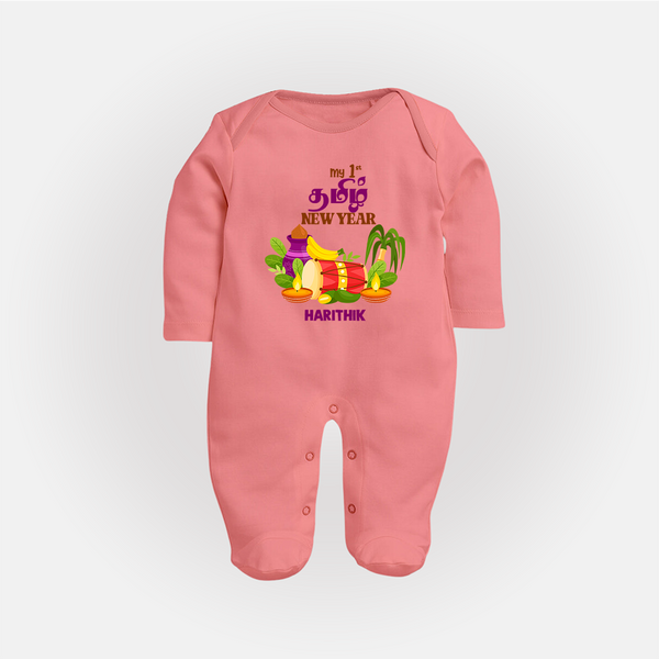  My First Tamil New Year Personalized Baby Full Body Suit – Colorful Festive Baby Outfit - PEACH - New Born (Chest 7.5")