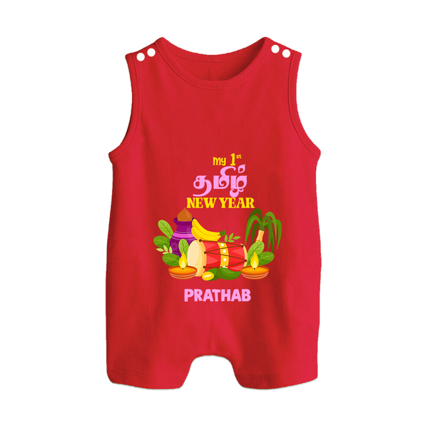  My First Tamil New Year Personalized Button Romper – Colorful Festive Baby Outfit - RED - New Born (Chest 18")