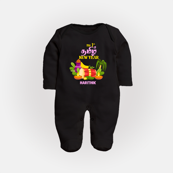  My First Tamil New Year Personalized Baby Full Body Suit – Colorful Festive Baby Outfit - BLACK - New Born (Chest 7.5")