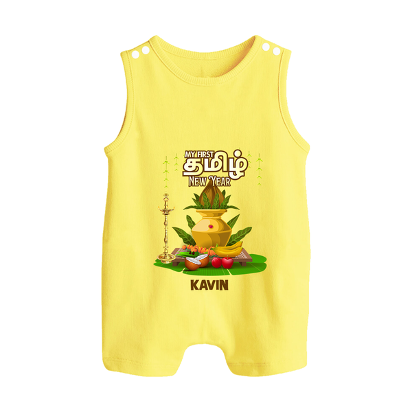 My First Tamil New Year Personalized Button Romper – Premium Festive Edition - PASTEL YELLOW - New Born (Chest 18")