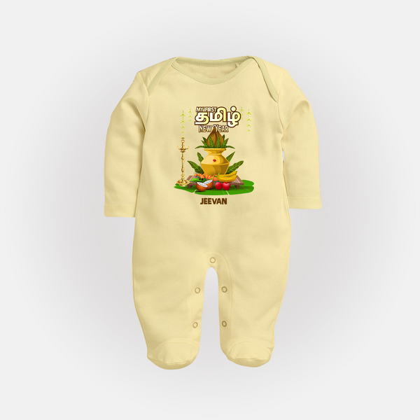 My First Tamil New Year Personalized Baby Full Body Suit – Premium Festive Edition - PASTEL YELLOW - New Born (Chest 7.5")