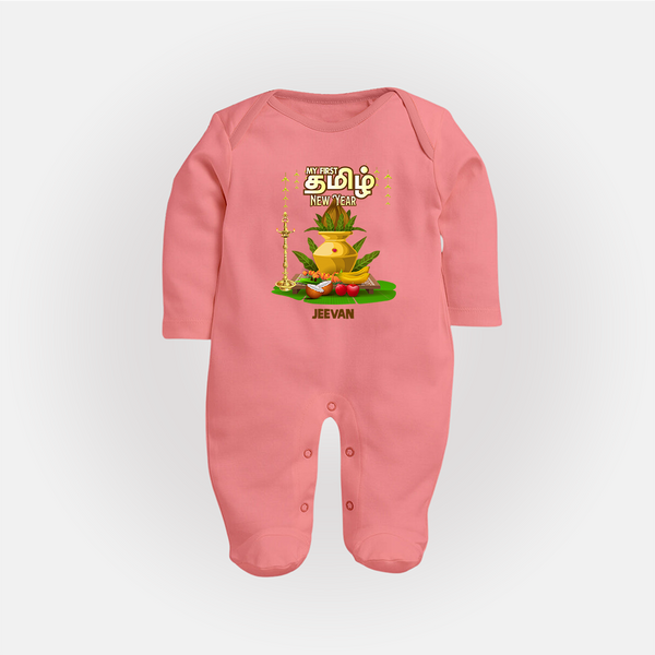 My First Tamil New Year Personalized Baby Full Body Suit – Premium Festive Edition - PEACH - New Born (Chest 7.5")