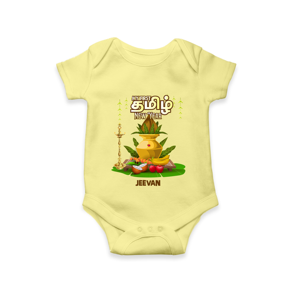 My First Tamil New Year Personalized Baby Romper – Premium Festive Edition - PASTEL YELLOW - New Born (Chest 14")