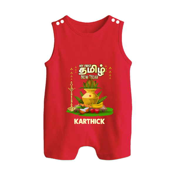 My First Tamil New Year Personalized Button Romper – Premium Festive Edition - RED - New Born (Chest 18")