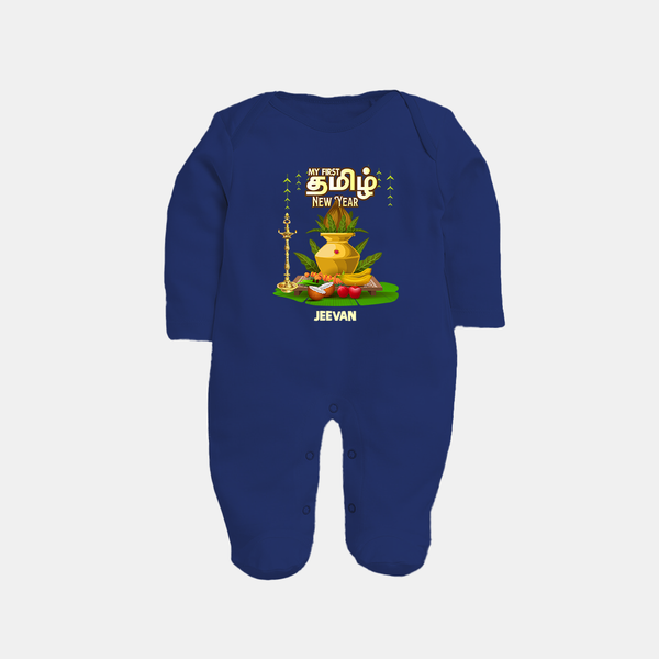 My First Tamil New Year Personalized Baby Full Body Suit – Premium Festive Edition - NAVY BLUE - New Born (Chest 7.5")