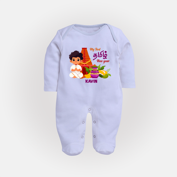 My First Tamil New Year Personalized Baby Full Body Suit – Traditional Temple Outfit - BABY BLUE - New Born (Chest 7.5")