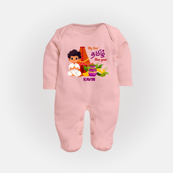 My First Tamil New Year Personalized Baby Full Body Suit – Traditional Temple Outfit - BABY PINK - New Born (Chest 7.5")