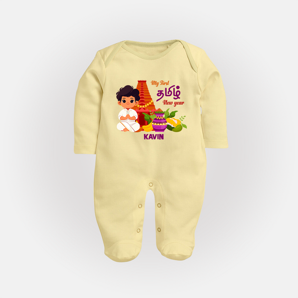 My First Tamil New Year Personalized Baby Full Body Suit – Traditional Temple Outfit - PASTEL YELLOW - New Born (Chest 7.5")
