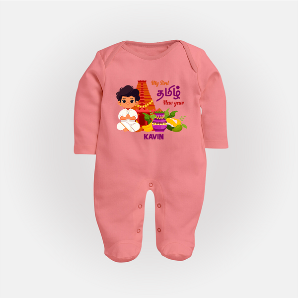 My First Tamil New Year Personalized Baby Full Body Suit – Traditional Temple Outfit - PEACH - New Born (Chest 7.5")