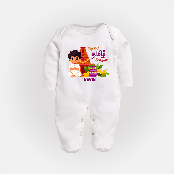 My First Tamil New Year Personalized Baby Full Body Suit – Traditional Temple Outfit - WHITE - New Born (Chest 7.5")