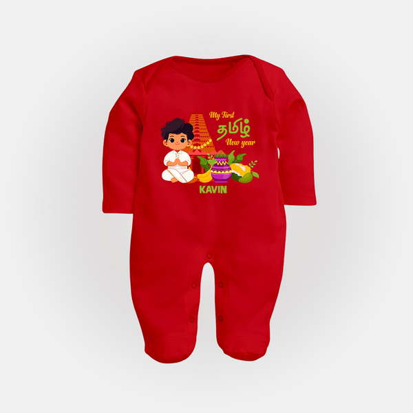 My First Tamil New Year Personalized Baby Full Body Suit – Traditional Temple Outfit - RED - New Born (Chest 7.5")