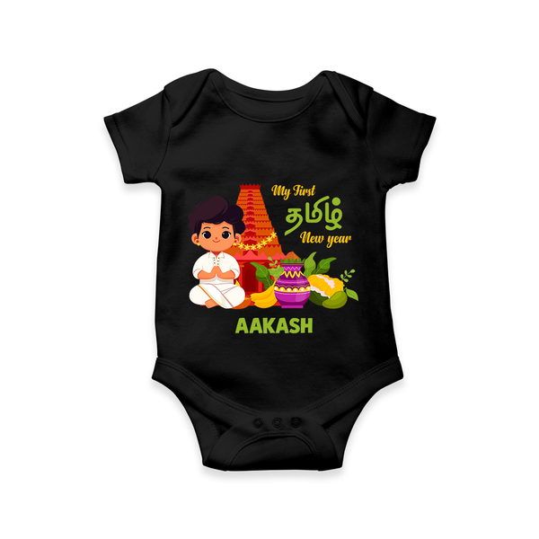 My First Tamil New Year Personalized Baby Romper – Traditional Temple Outfit - BLACK - New Born (Chest 14")