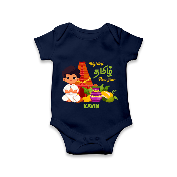 My First Tamil New Year Personalized Baby Romper – Traditional Temple Outfit - NAVY BLUE - New Born (Chest 14")