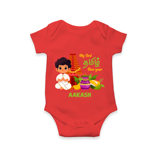 My First Tamil New Year Personalized Baby Romper – Traditional Temple Outfit - RED - New Born (Chest 14")