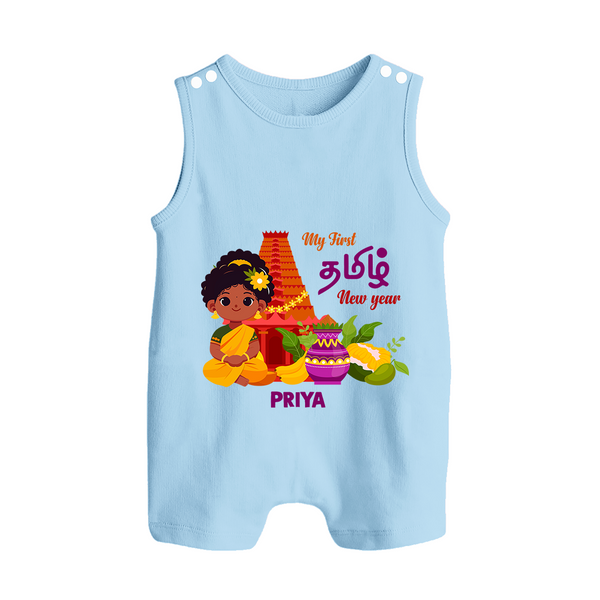 My First Tamil New Year Personalized Button Romper – Traditional Girl Outfit - BABY BLUE - New Born (Chest 18")
