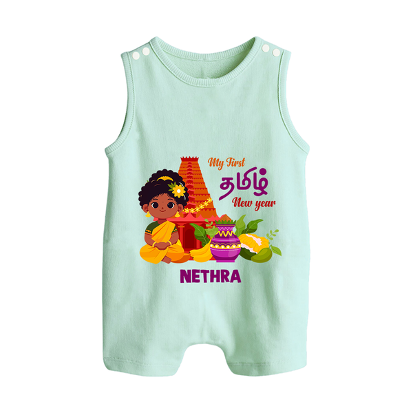 My First Tamil New Year Personalized Button Romper – Traditional Girl Outfit - MINT GREEN - New Born (Chest 18")