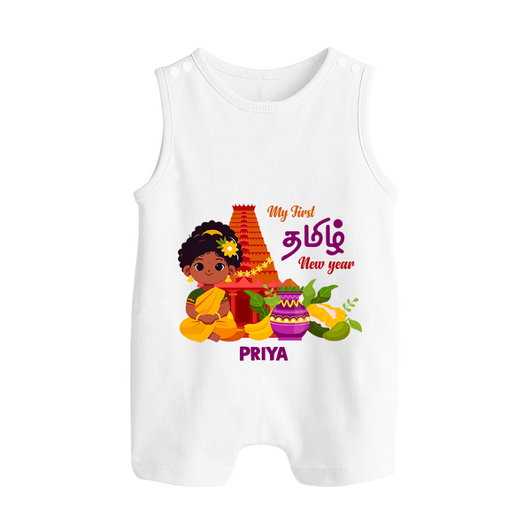 My First Tamil New Year Personalized Button Romper – Traditional Girl Outfit - WHITE - New Born (Chest 18")