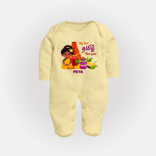 My First Tamil New Year Personalized Baby Full Body Suit – Traditional Girl Outfit - PASTEL YELLOW - New Born (Chest 7.5")